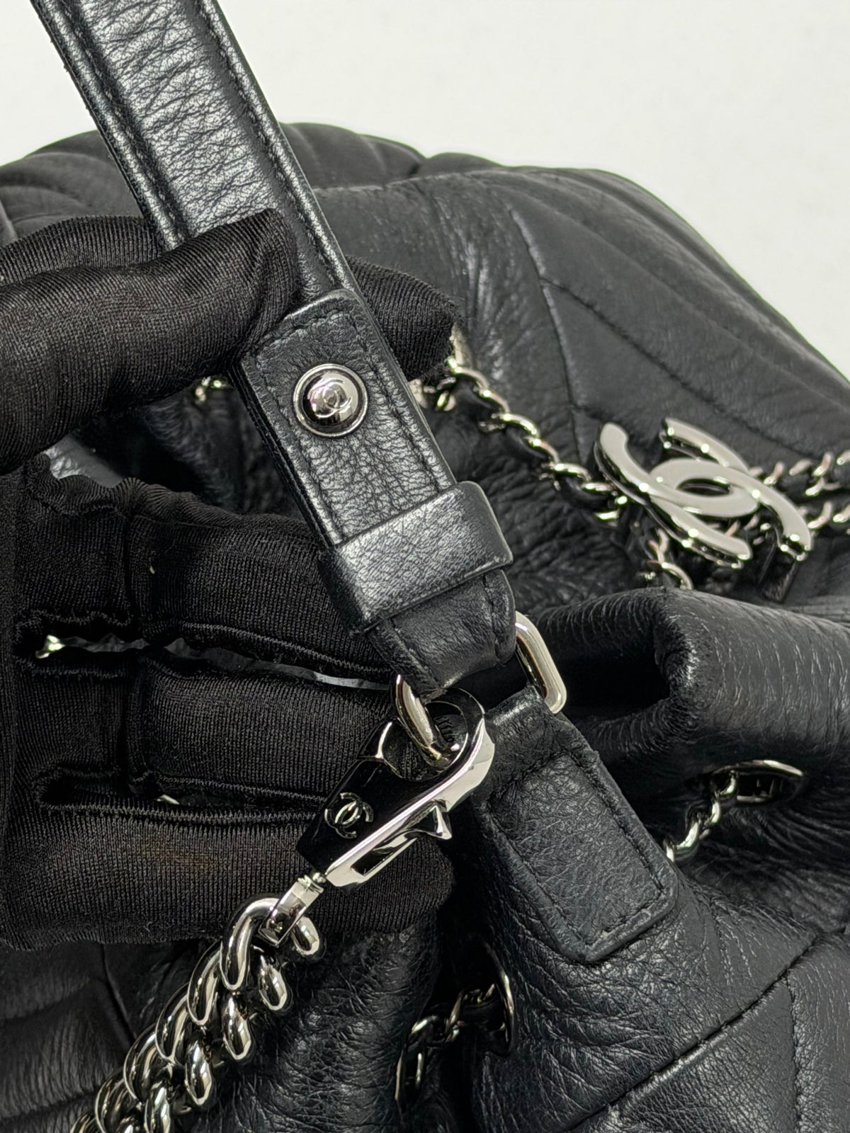 CHANEL Caviar Skin Chevron Drawstring Backpack / Bucket Bag