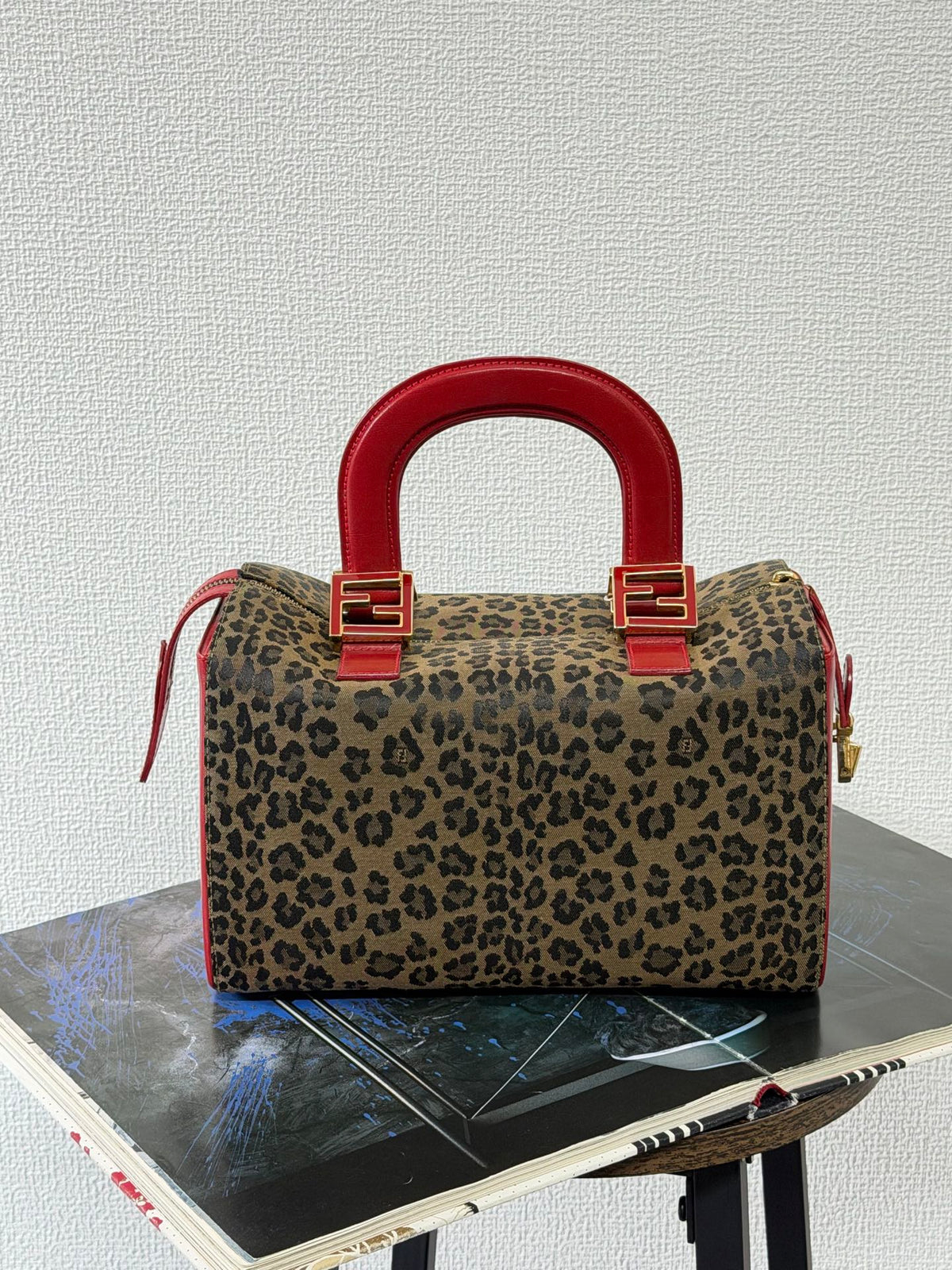 FENDI Vintage Leopard Print Canvas Boston Bag with Red Leather Trim