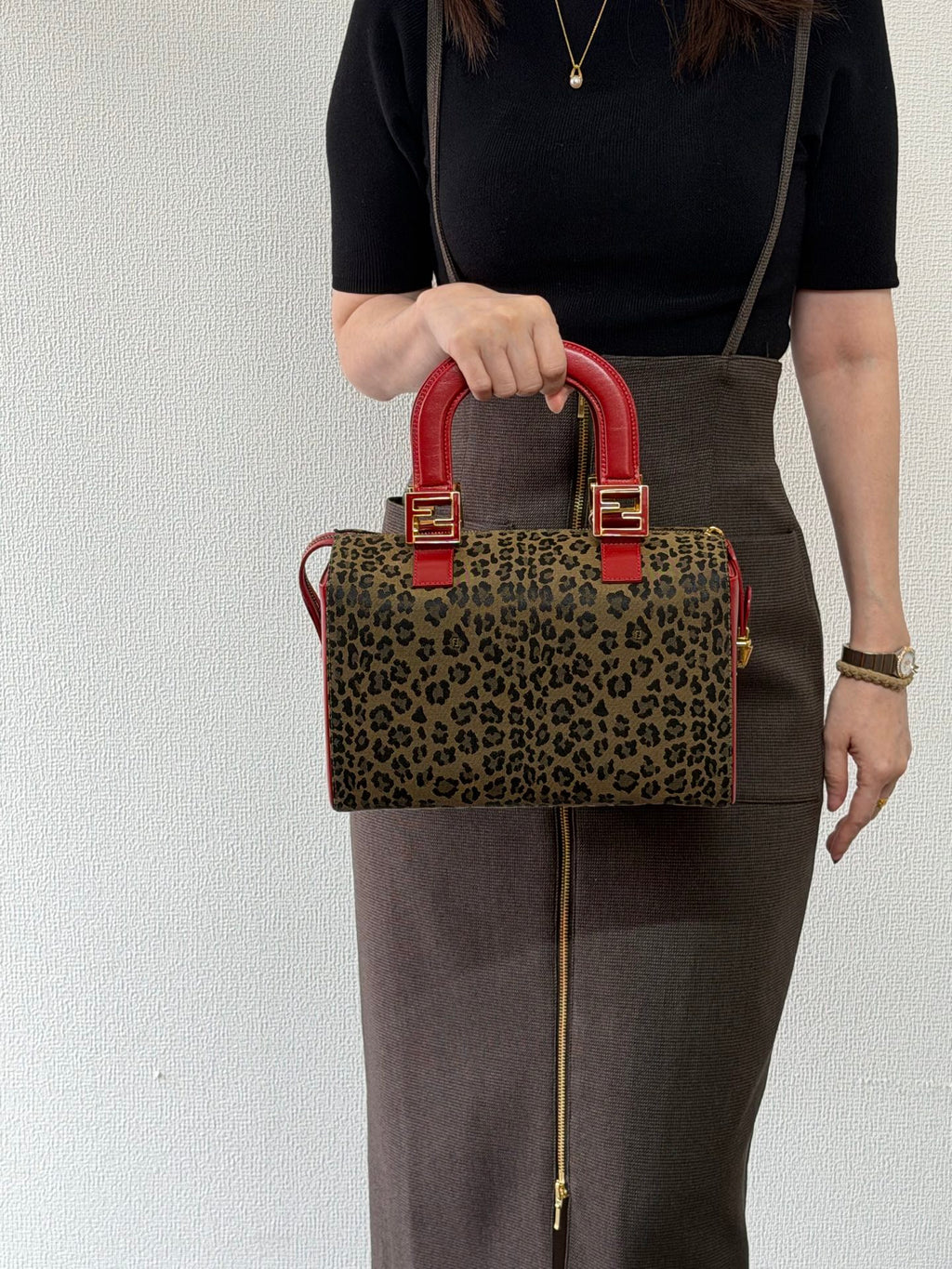 FENDI Vintage Leopard Print Canvas Boston Bag with Red Leather Trim
