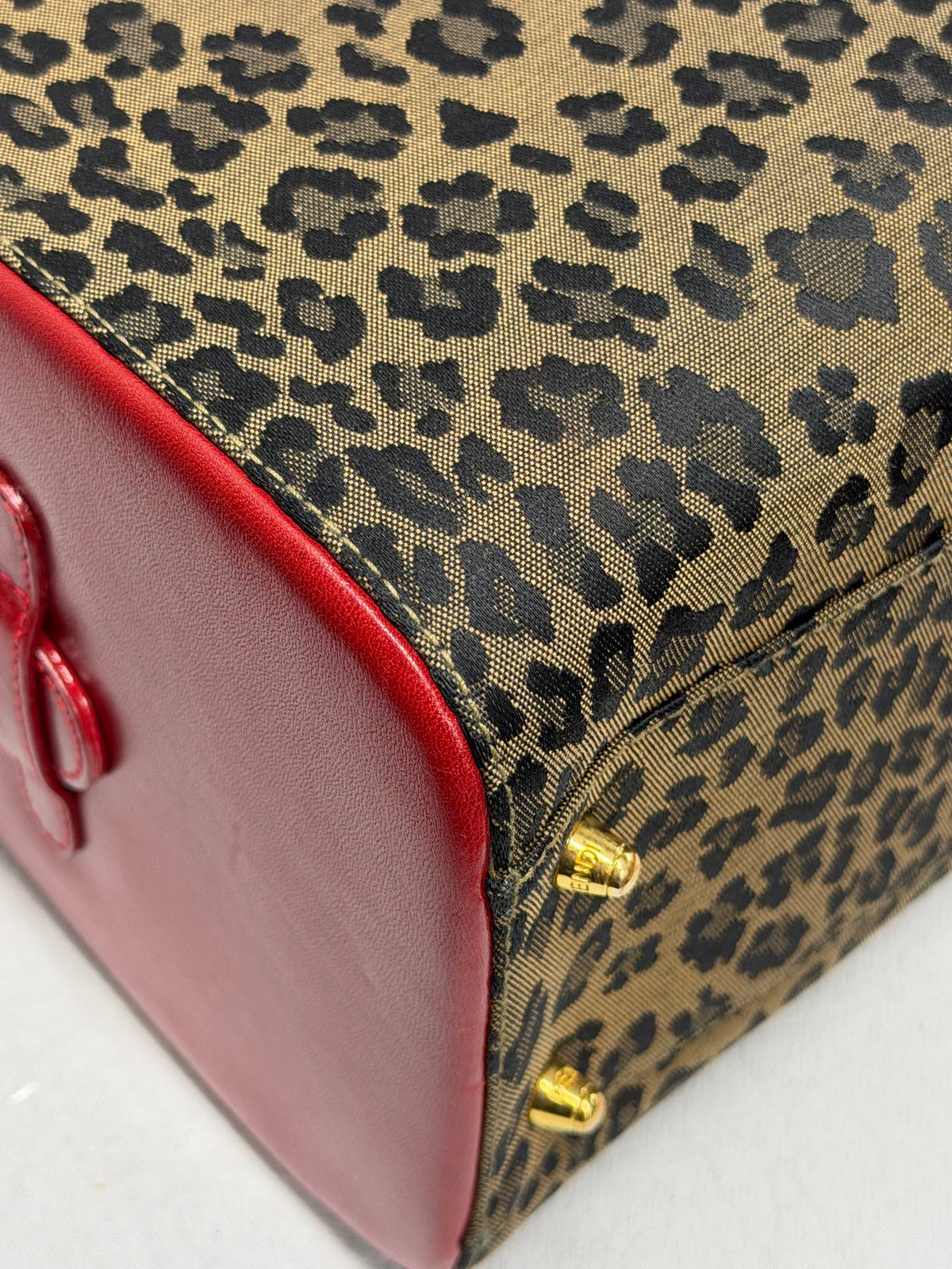 FENDI Vintage Leopard Print Canvas Boston Bag with Red Leather Trim