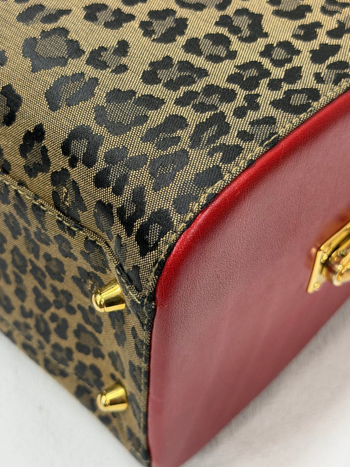 FENDI Vintage Leopard Print Canvas Boston Bag with Red Leather Trim