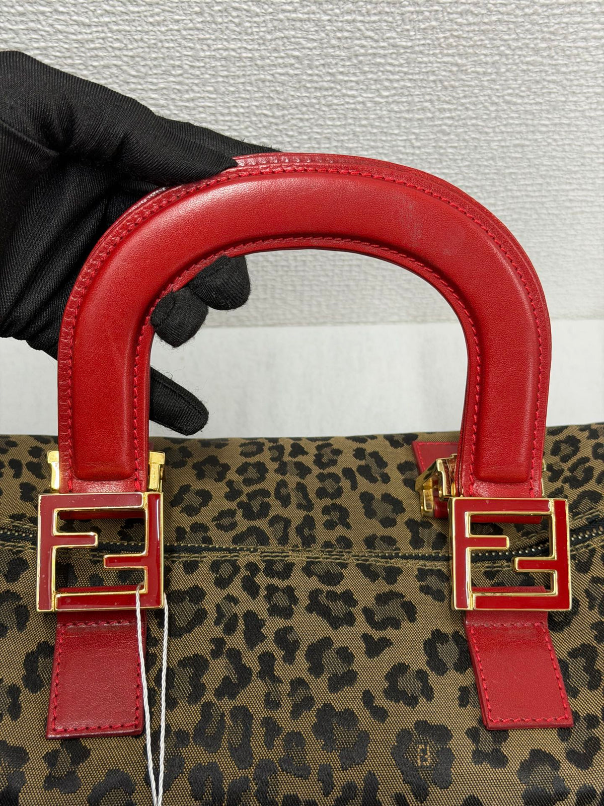 FENDI Vintage Leopard Print Canvas Boston Bag with Red Leather Trim