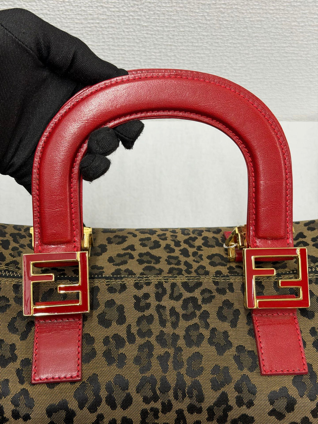 FENDI Vintage Leopard Print Canvas Boston Bag with Red Leather Trim