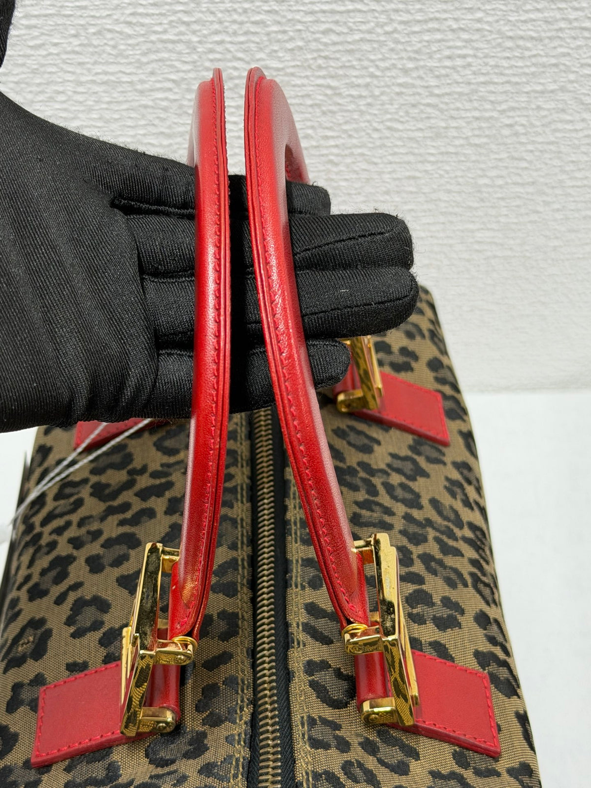 FENDI Vintage Leopard Print Canvas Boston Bag with Red Leather Trim