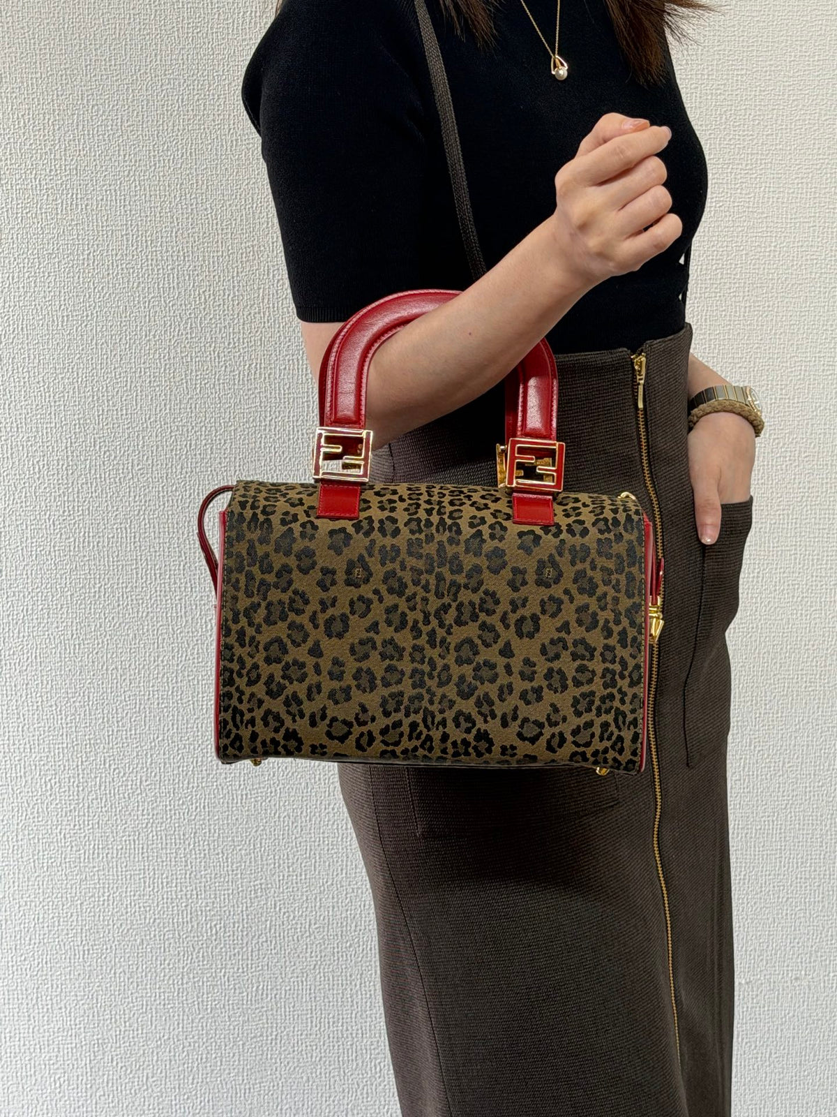 FENDI Vintage Leopard Print Canvas Boston Bag with Red Leather Trim