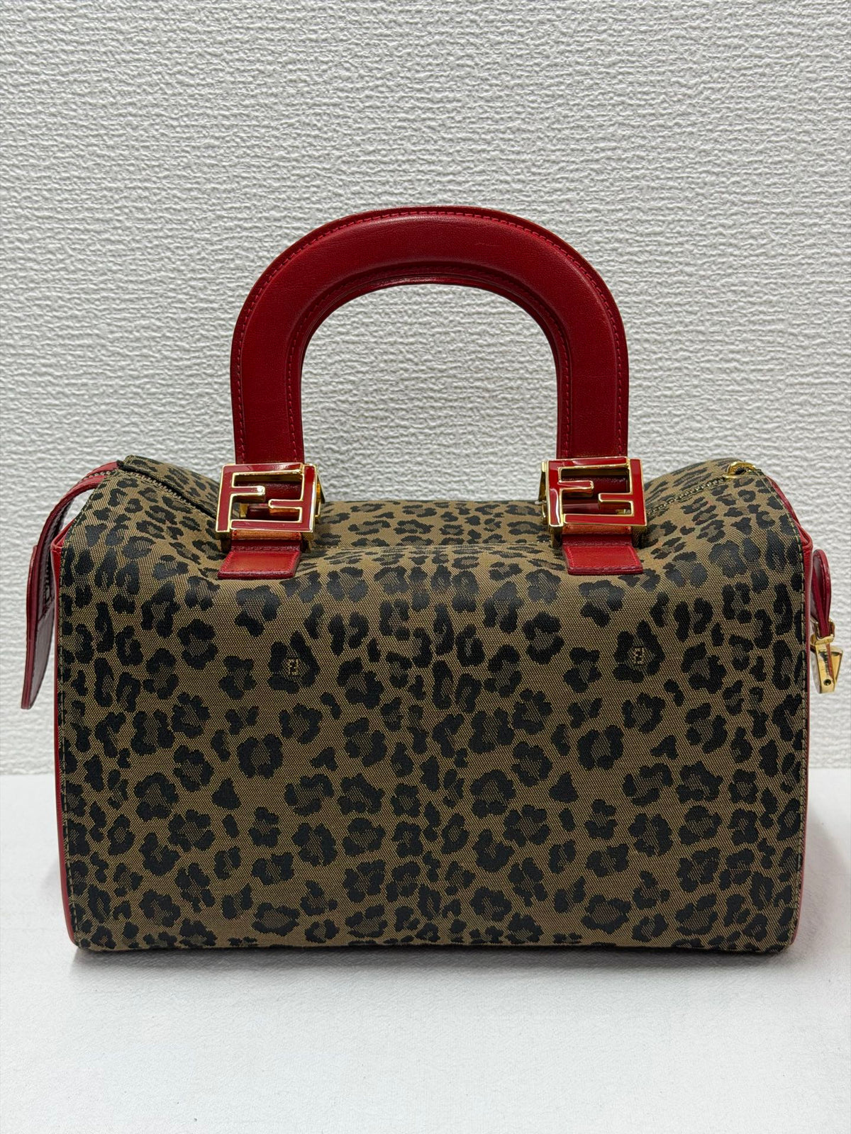 FENDI Vintage Leopard Print Canvas Boston Bag with Red Leather Trim