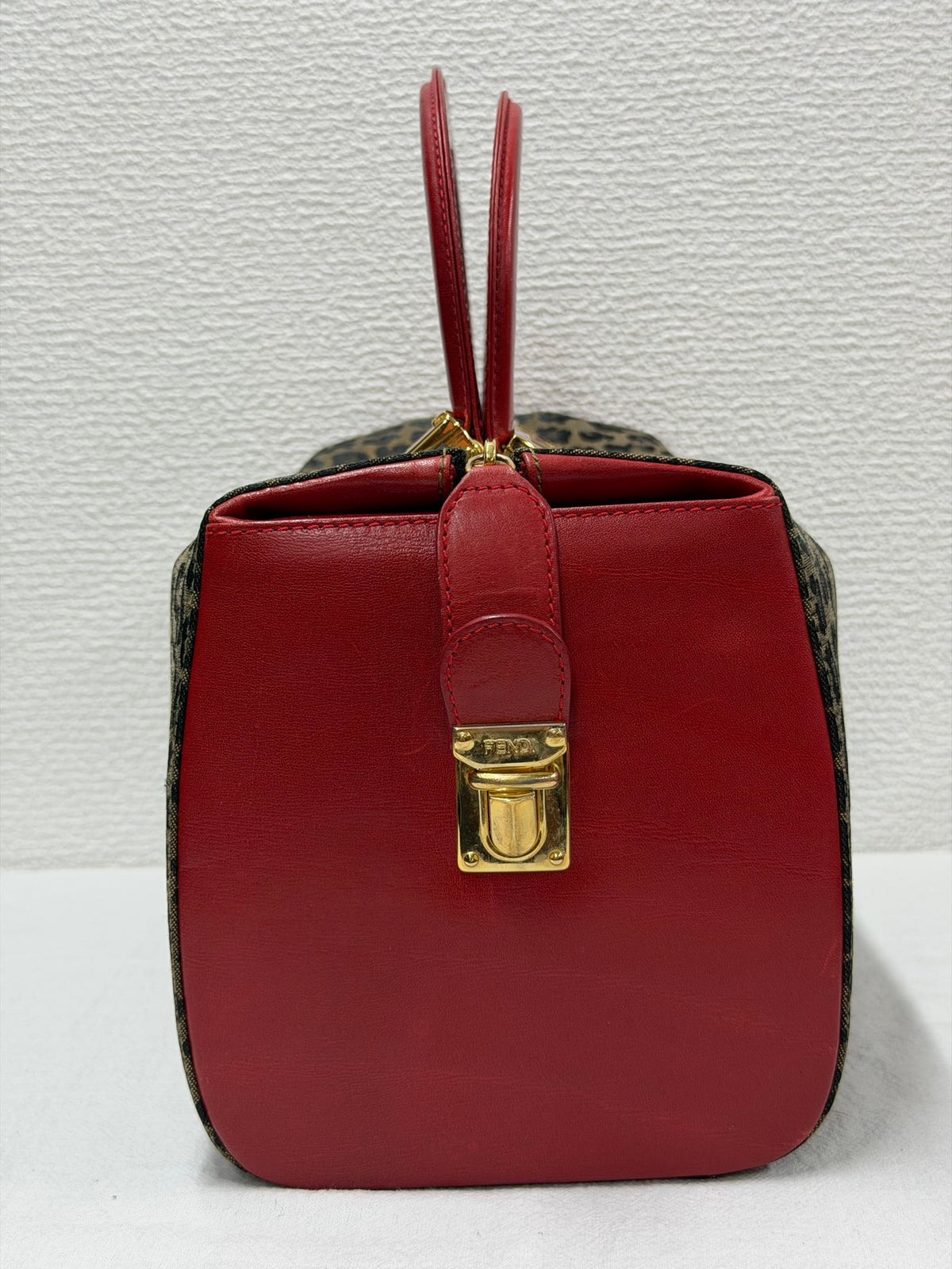 FENDI Vintage Leopard Print Canvas Boston Bag with Red Leather Trim
