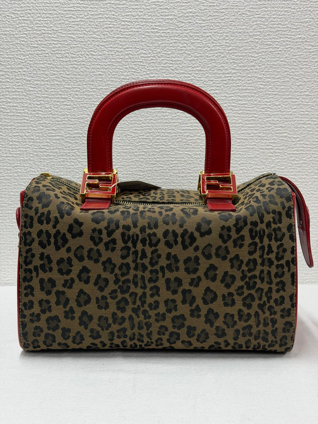 FENDI Vintage Leopard Print Canvas Boston Bag with Red Leather Trim