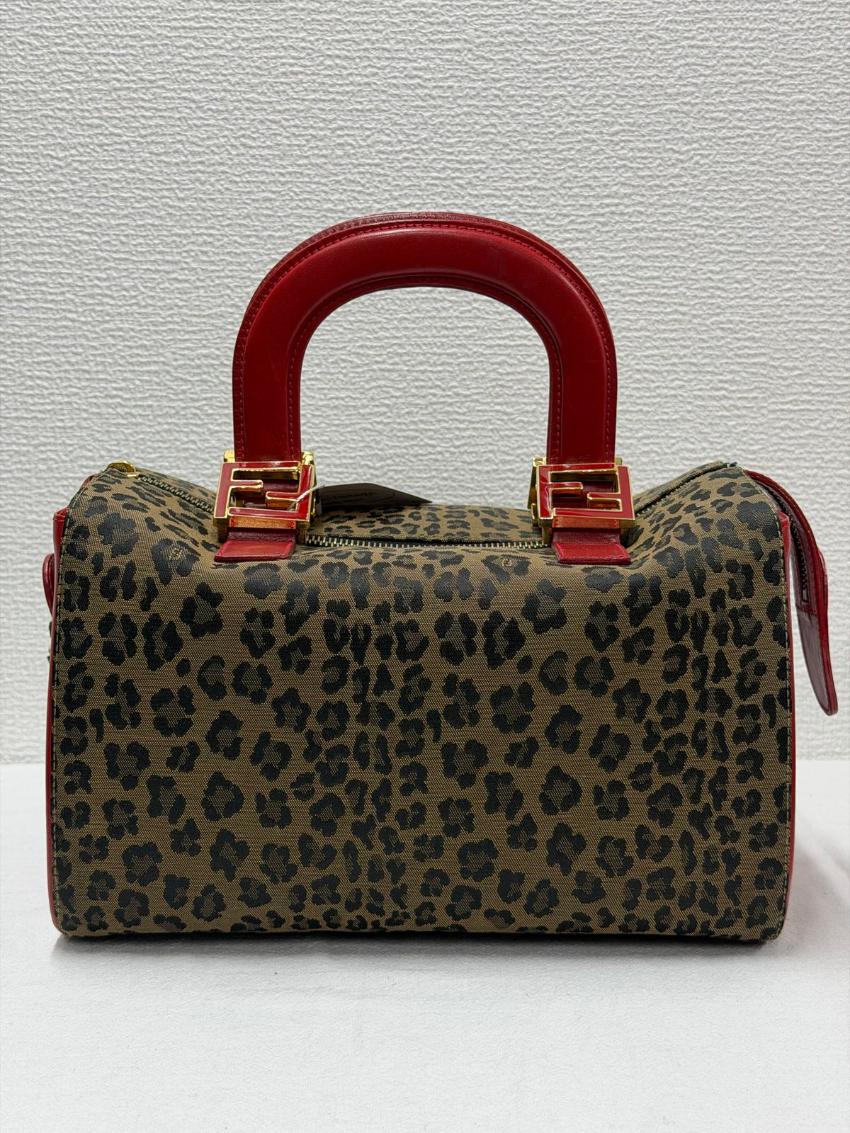 FENDI Vintage Leopard Print Canvas Boston Bag with Red Leather Trim