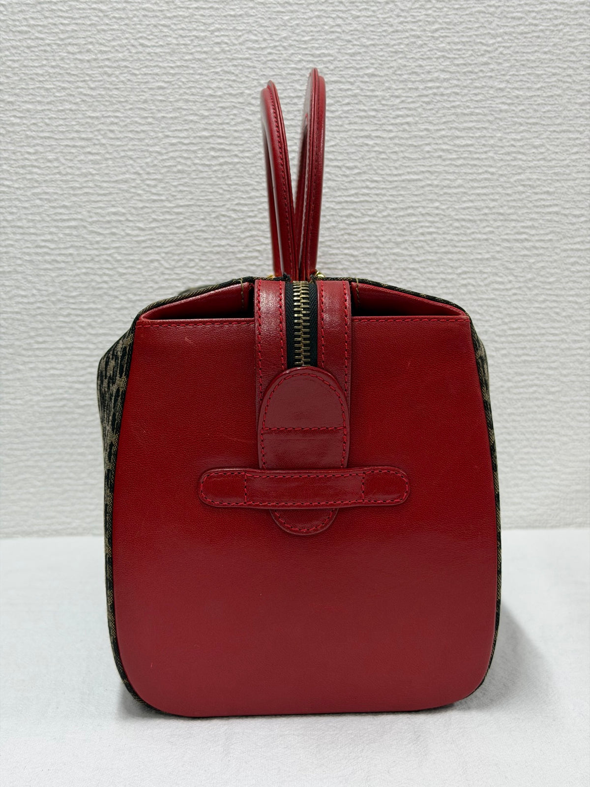 FENDI Vintage Leopard Print Canvas Boston Bag with Red Leather Trim