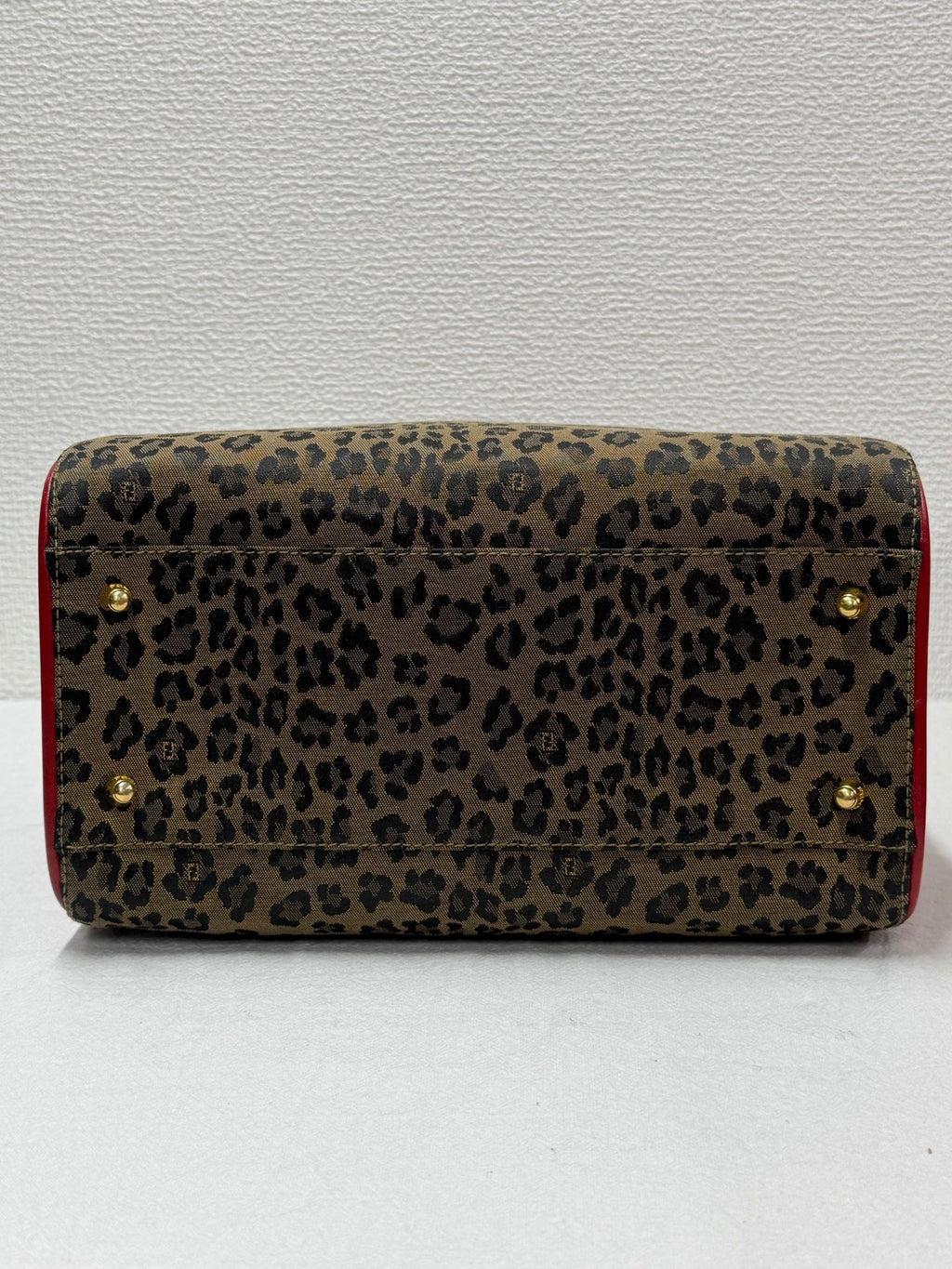 FENDI Vintage Leopard Print Canvas Boston Bag with Red Leather Trim