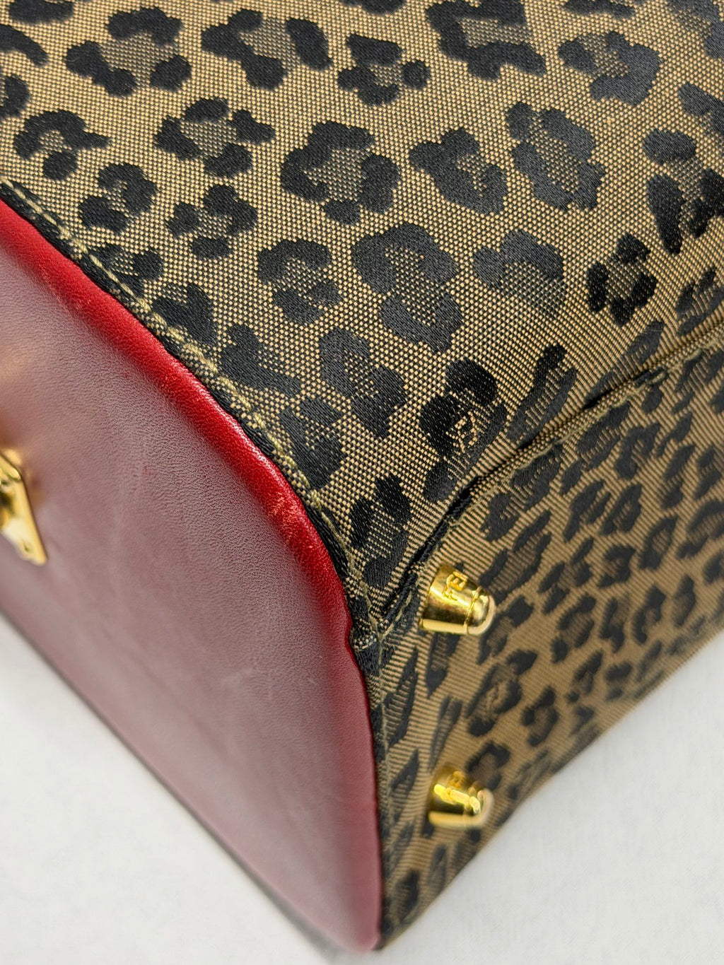 FENDI Vintage Leopard Print Canvas Boston Bag with Red Leather Trim