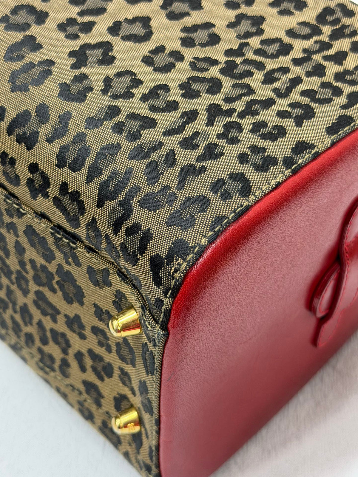 FENDI Vintage Leopard Print Canvas Boston Bag with Red Leather Trim
