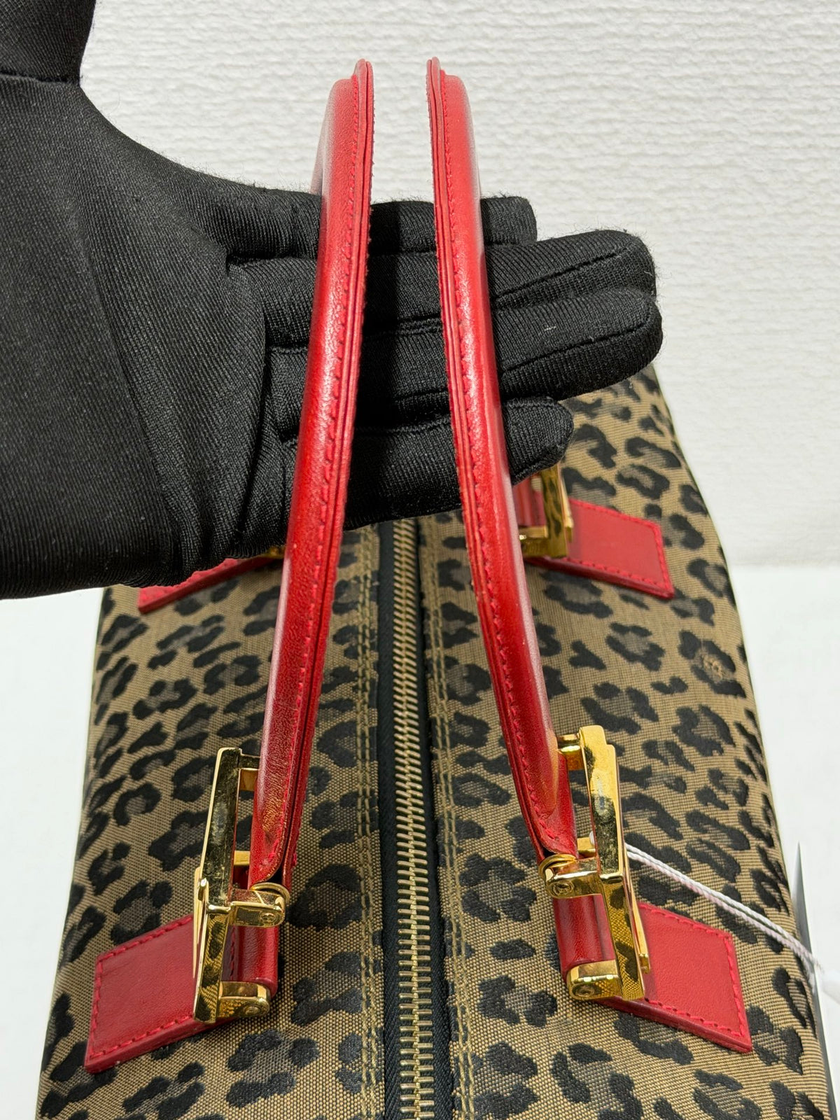 FENDI Vintage Leopard Print Canvas Boston Bag with Red Leather Trim