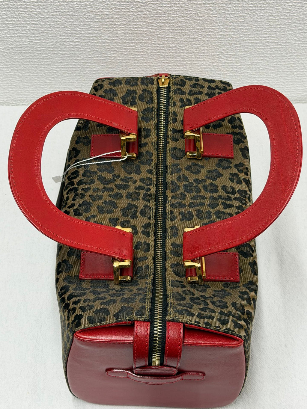 FENDI Vintage Leopard Print Canvas Boston Bag with Red Leather Trim
