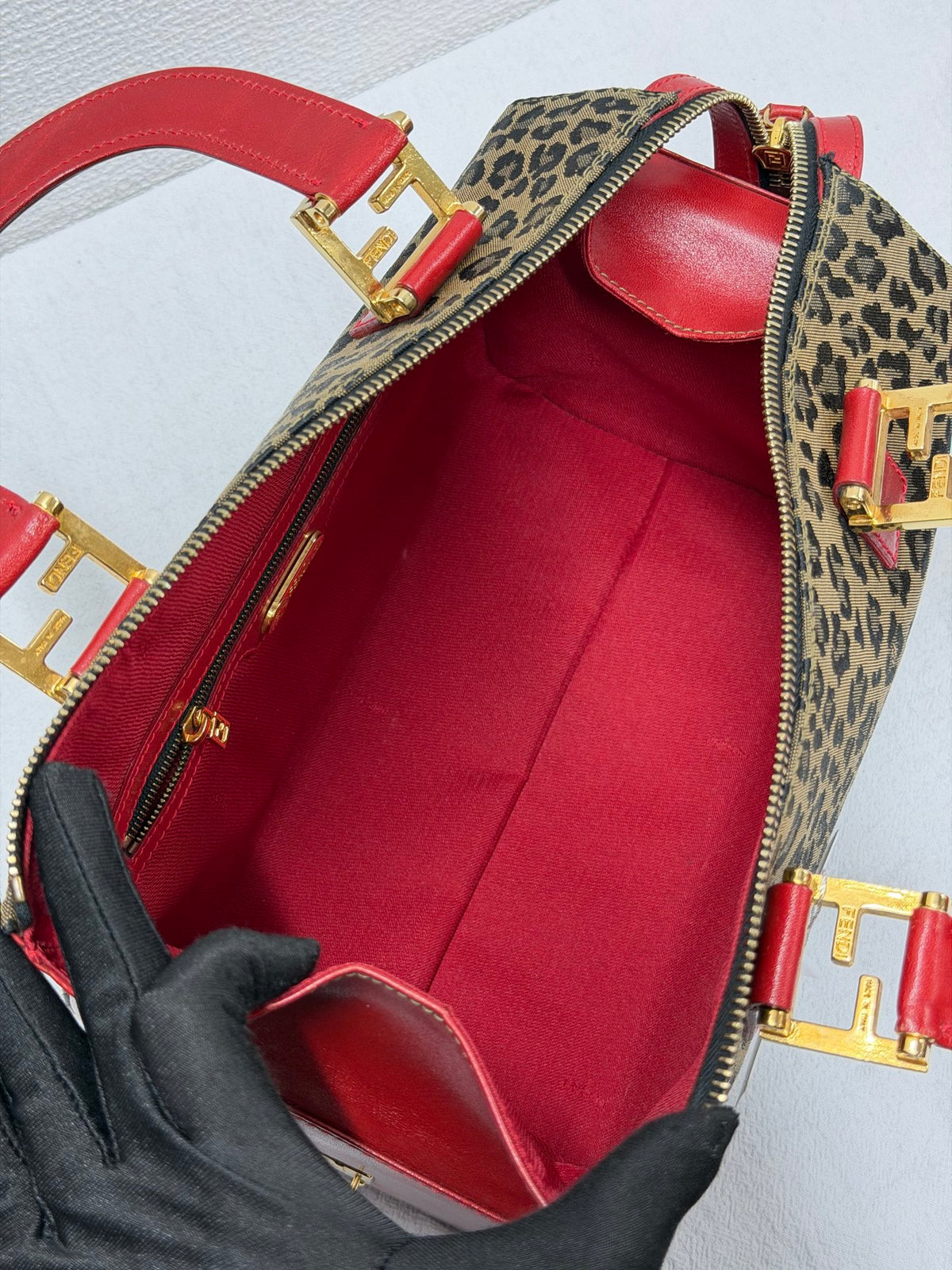 FENDI Vintage Leopard Print Canvas Boston Bag with Red Leather Trim