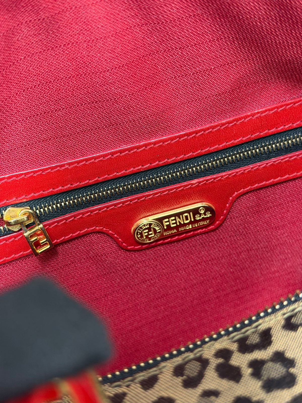FENDI Vintage Leopard Print Canvas Boston Bag with Red Leather Trim
