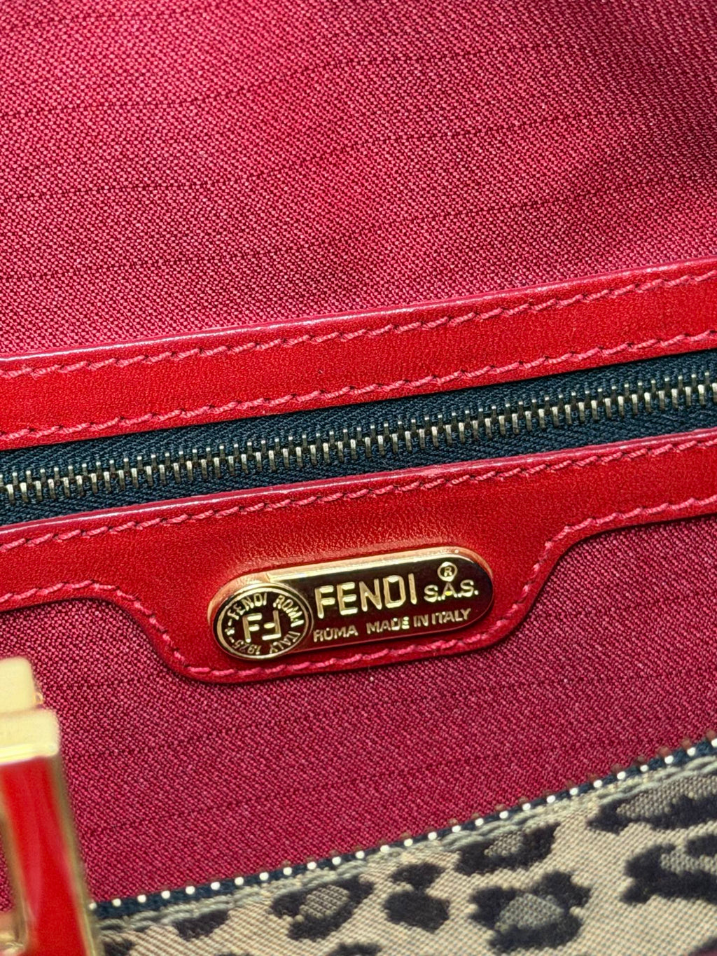 FENDI Vintage Leopard Print Canvas Boston Bag with Red Leather Trim