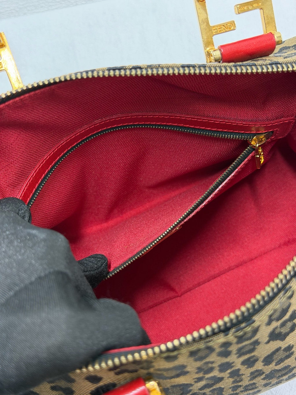 FENDI Vintage Leopard Print Canvas Boston Bag with Red Leather Trim