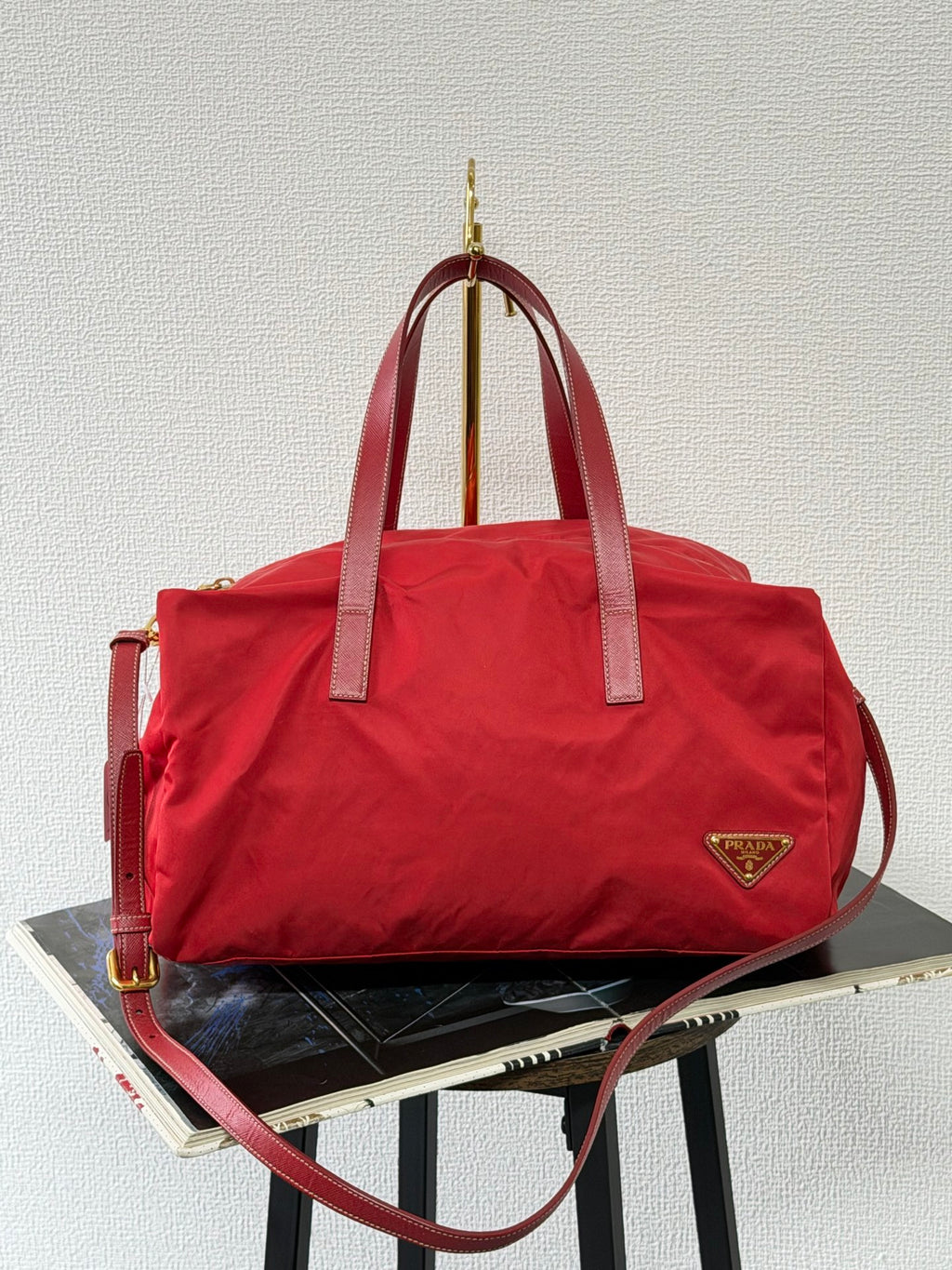 PRADA Tessuto Nylon Saffiano Leather 2way Boston Bag Rosso