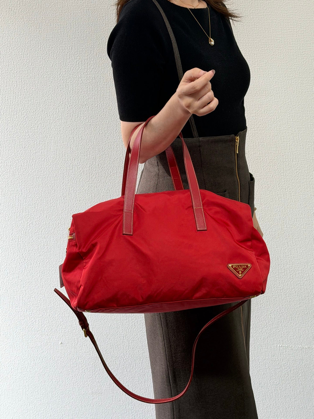 PRADA Tessuto Nylon Saffiano Leather 2way Boston Bag Rosso