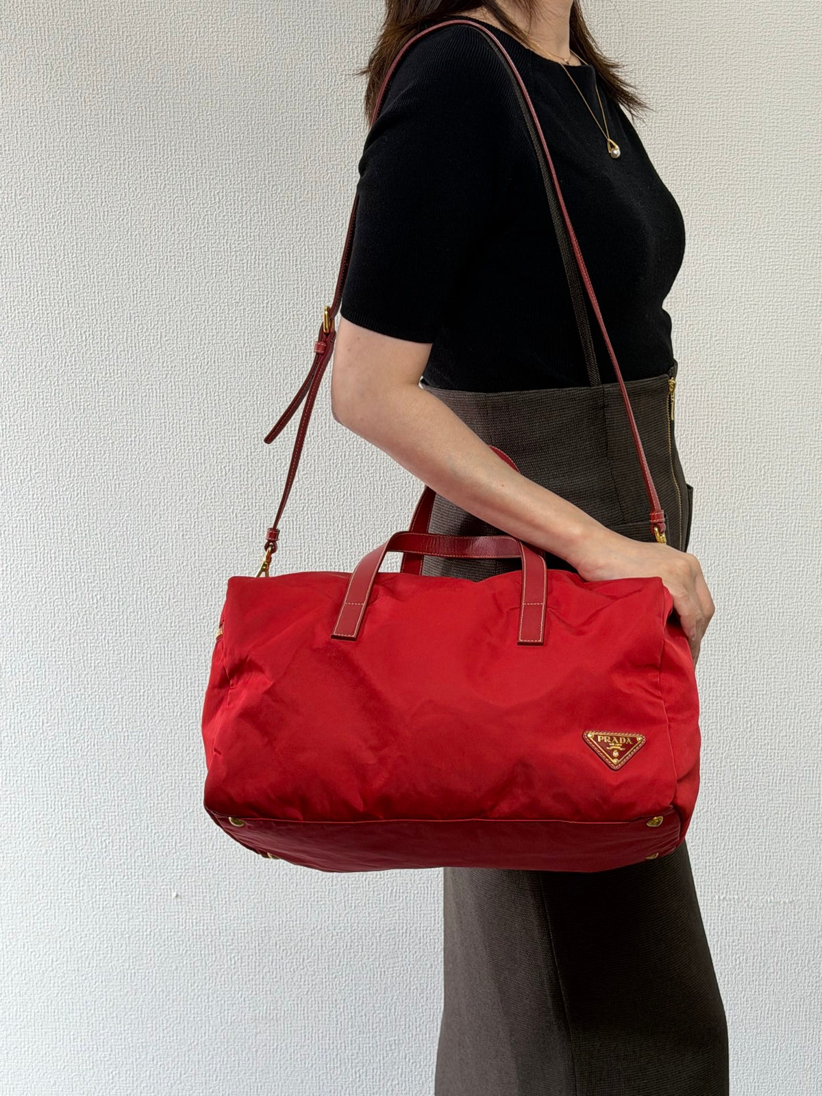 PRADA Tessuto Nylon Saffiano Leather 2way Boston Bag Rosso