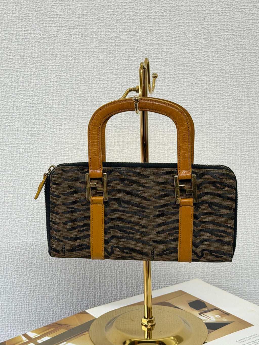 FENDI Vintage Tiger Print Canvas Pochette Bag with Yellow Leather Trim