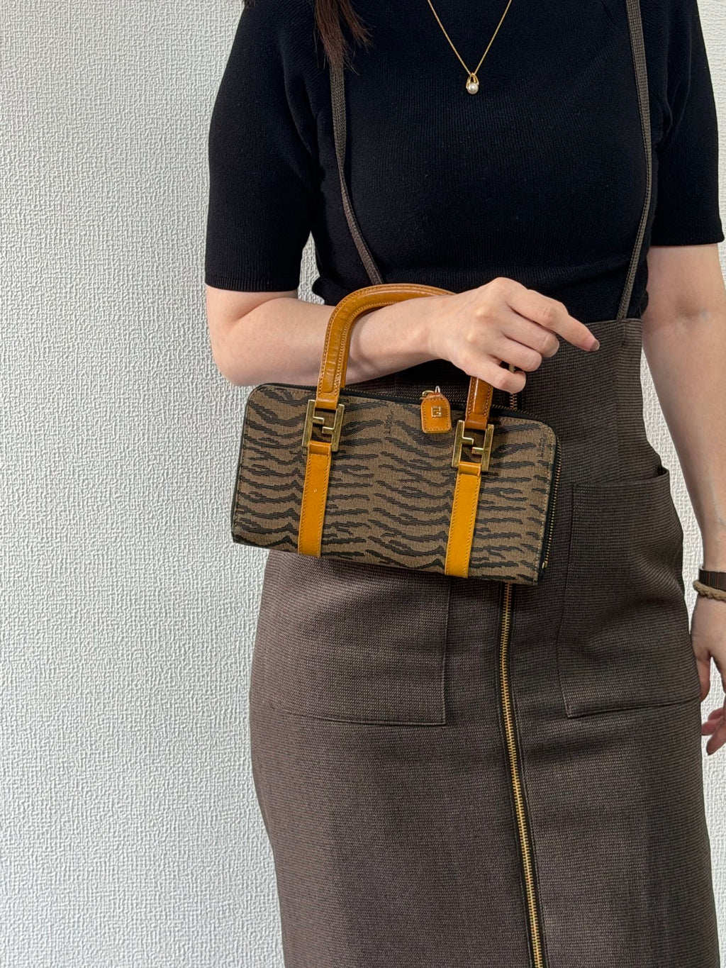 FENDI Vintage Tiger Print Canvas Pochette Bag with Yellow Leather Trim