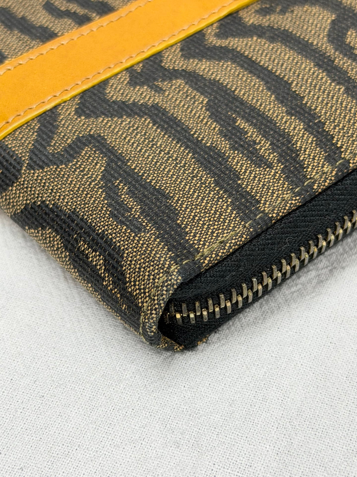 FENDI Vintage Tiger Print Canvas Pochette Bag with Yellow Leather Trim
