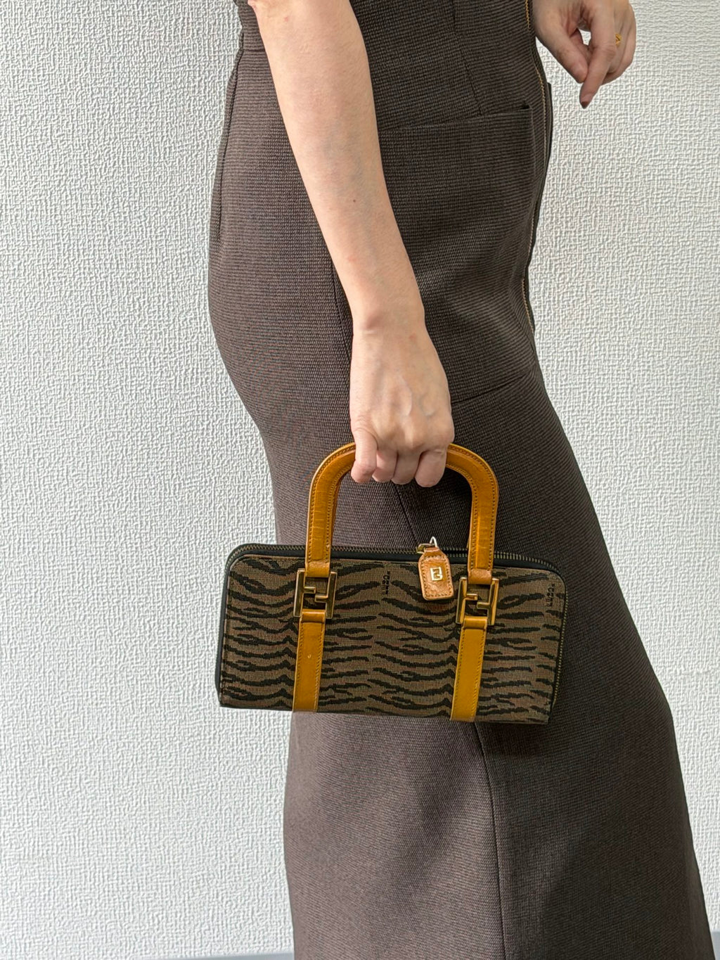FENDI Vintage Tiger Print Canvas Pochette Bag with Yellow Leather Trim