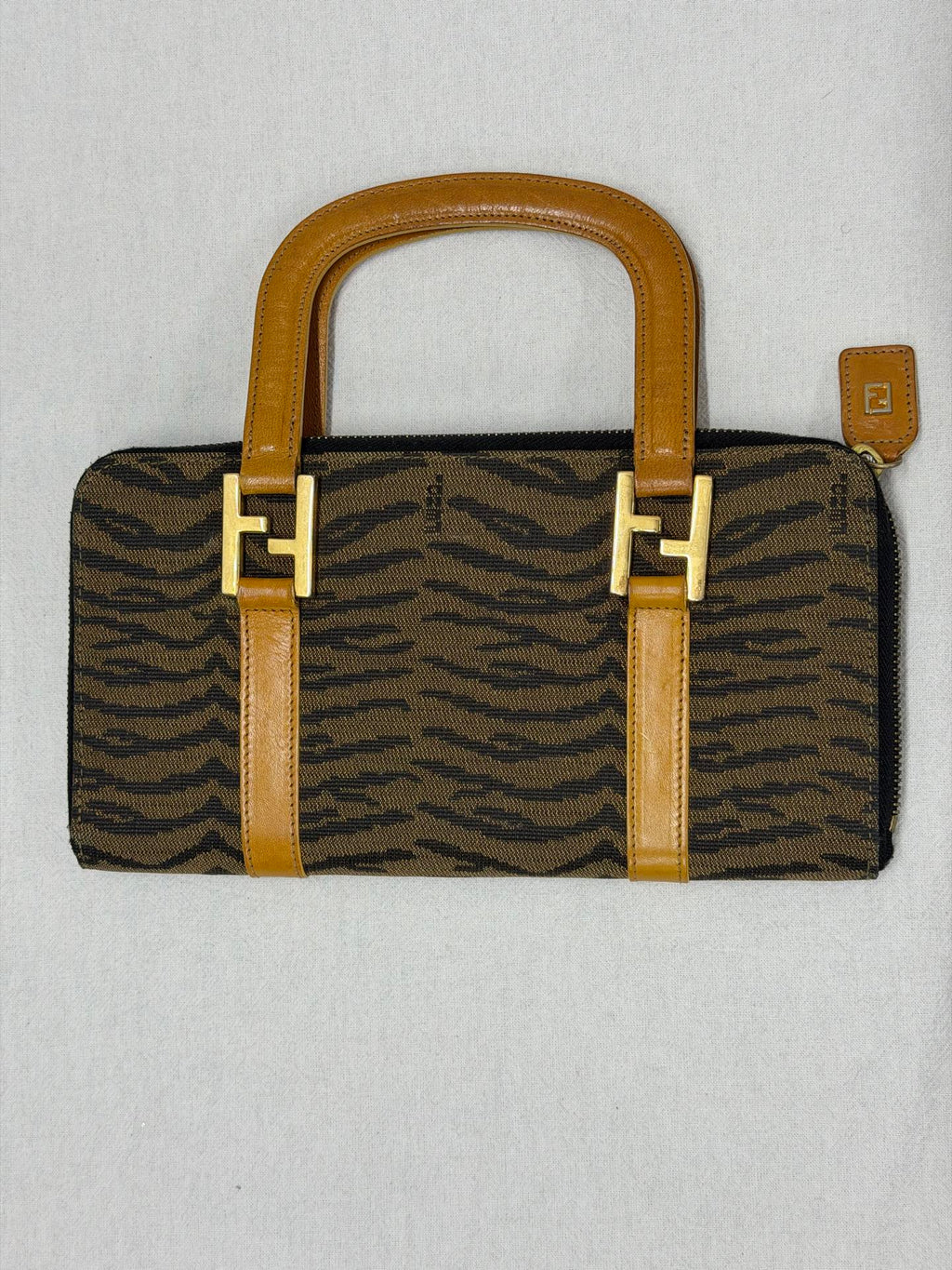 FENDI Vintage Tiger Print Canvas Pochette Bag with Yellow Leather Trim