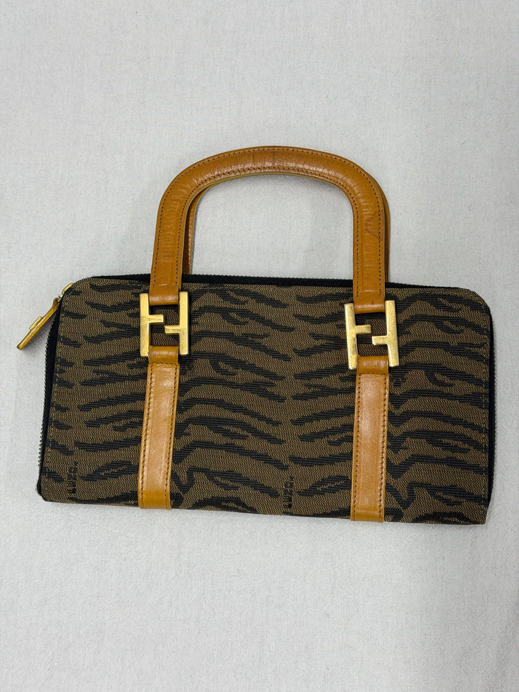 FENDI Vintage Tiger Print Canvas Pochette Bag with Yellow Leather Trim