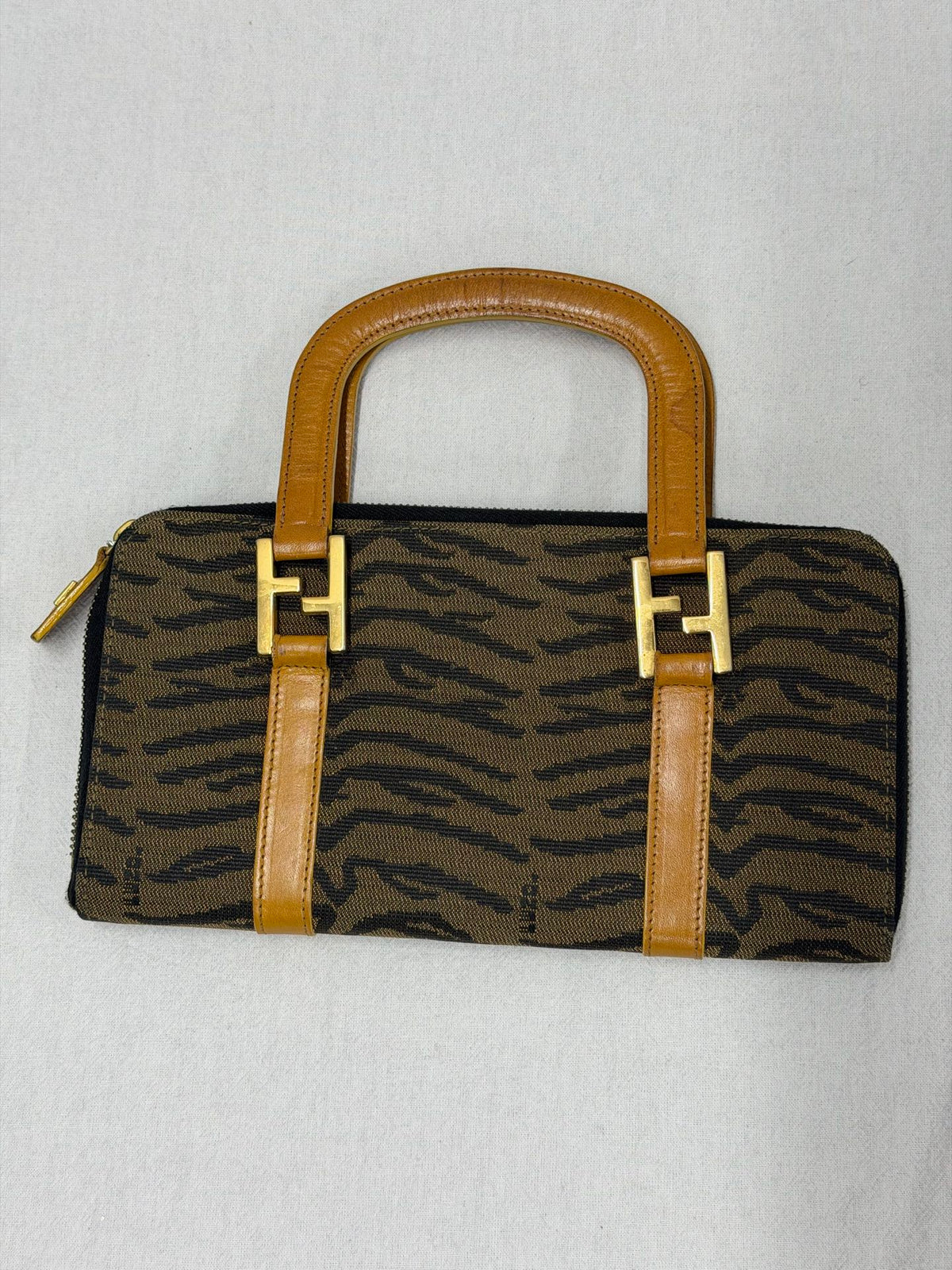 FENDI Vintage Tiger Print Canvas Pochette Bag with Yellow Leather Trim
