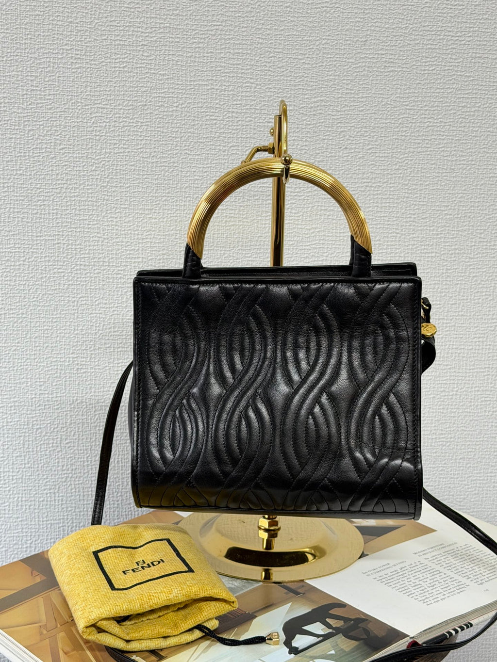 FENDI Vintage Pasta Quilted Leather 2way Handbag Gold Metal Handle Black