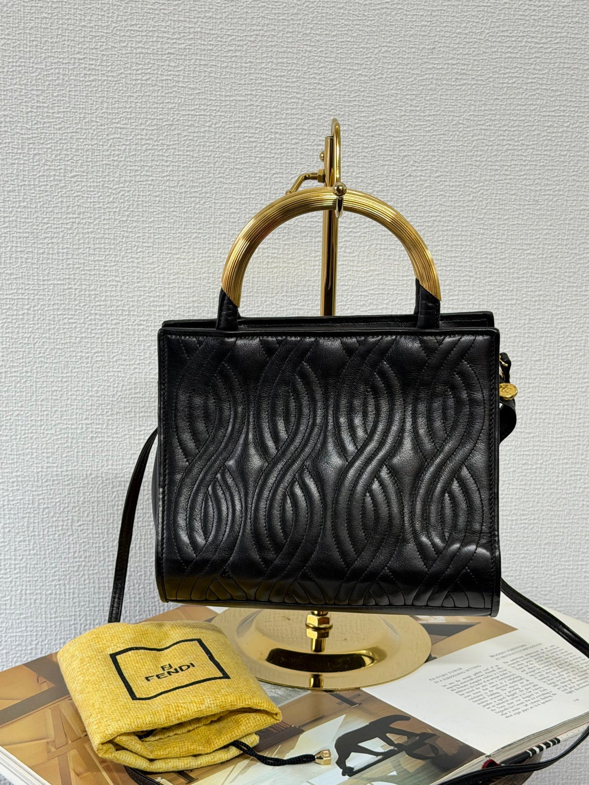 FENDI Vintage Pasta Quilted Leather 2way Handbag Gold Metal Handle Black
