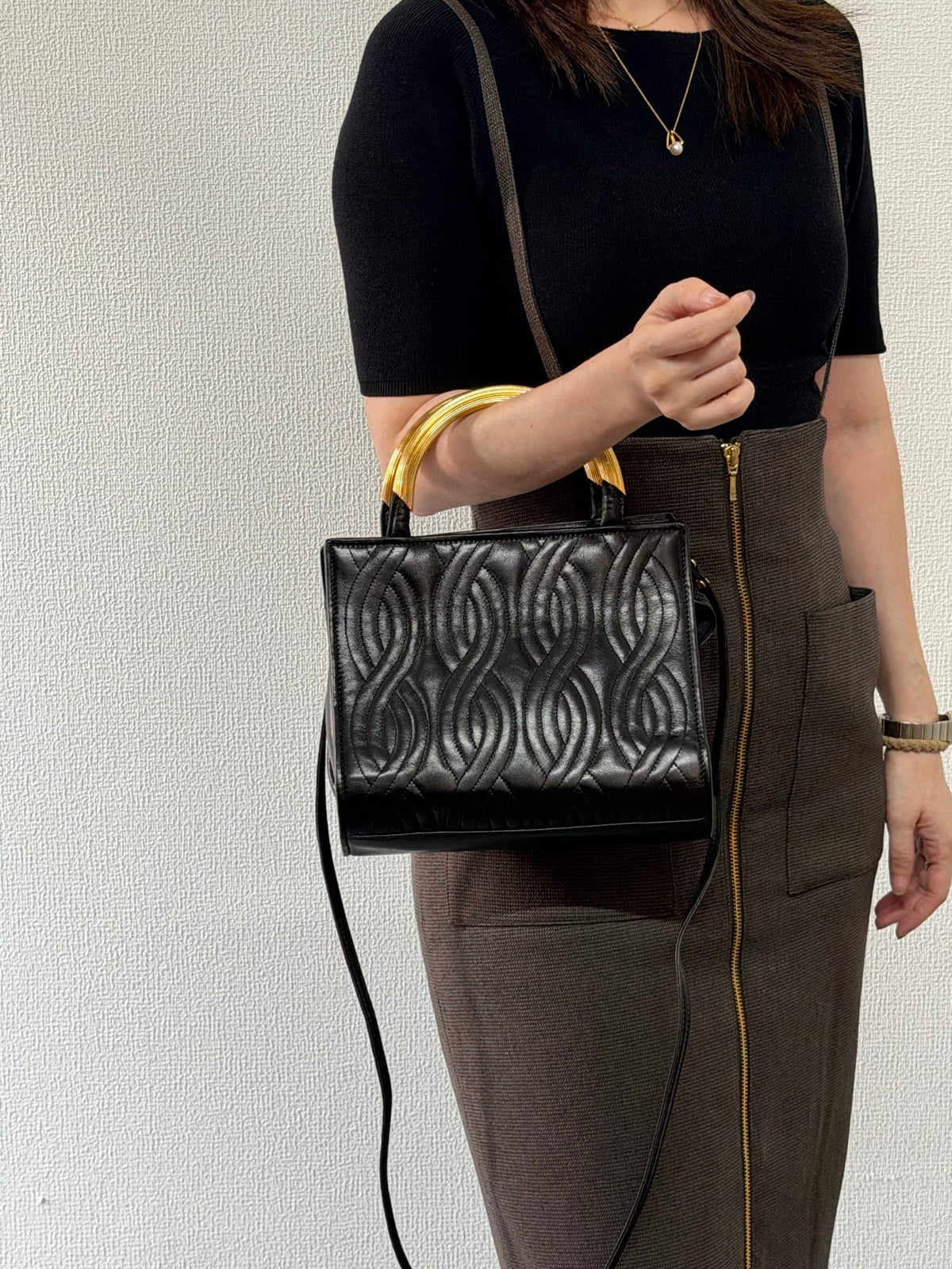 FENDI Vintage Pasta Quilted Leather 2way Handbag Gold Metal Handle Black