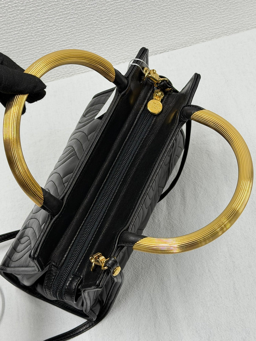 FENDI Vintage Pasta Quilted Leather 2way Handbag Gold Metal Handle Black
