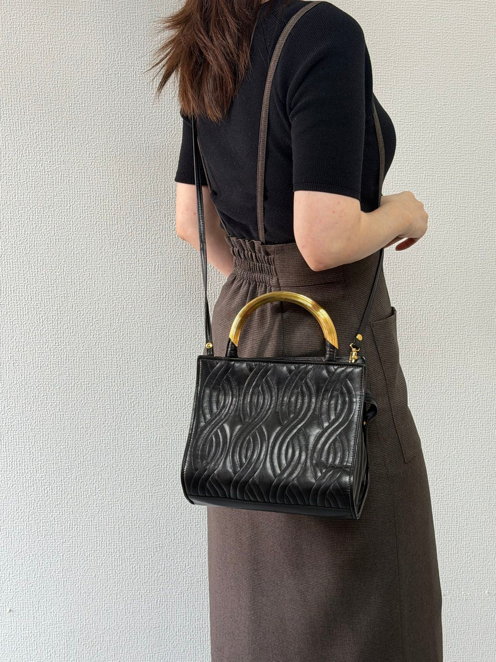 FENDI Vintage Pasta Quilted Leather 2way Handbag Gold Metal Handle Black