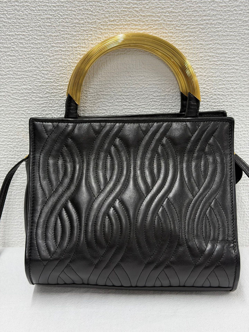 FENDI Vintage Pasta Quilted Leather 2way Handbag Gold Metal Handle Black