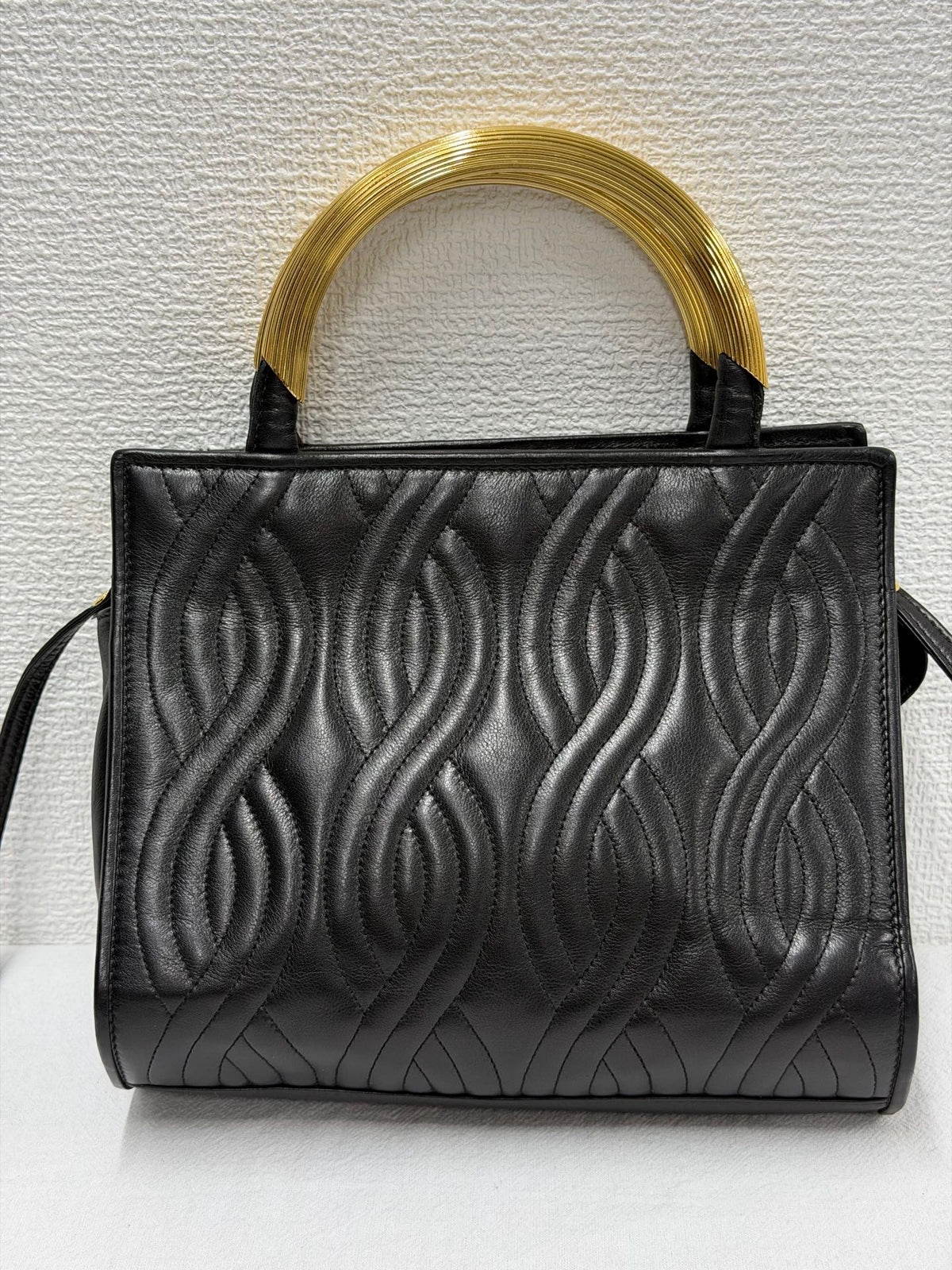 FENDI Vintage Pasta Quilted Leather 2way Handbag Gold Metal Handle Black