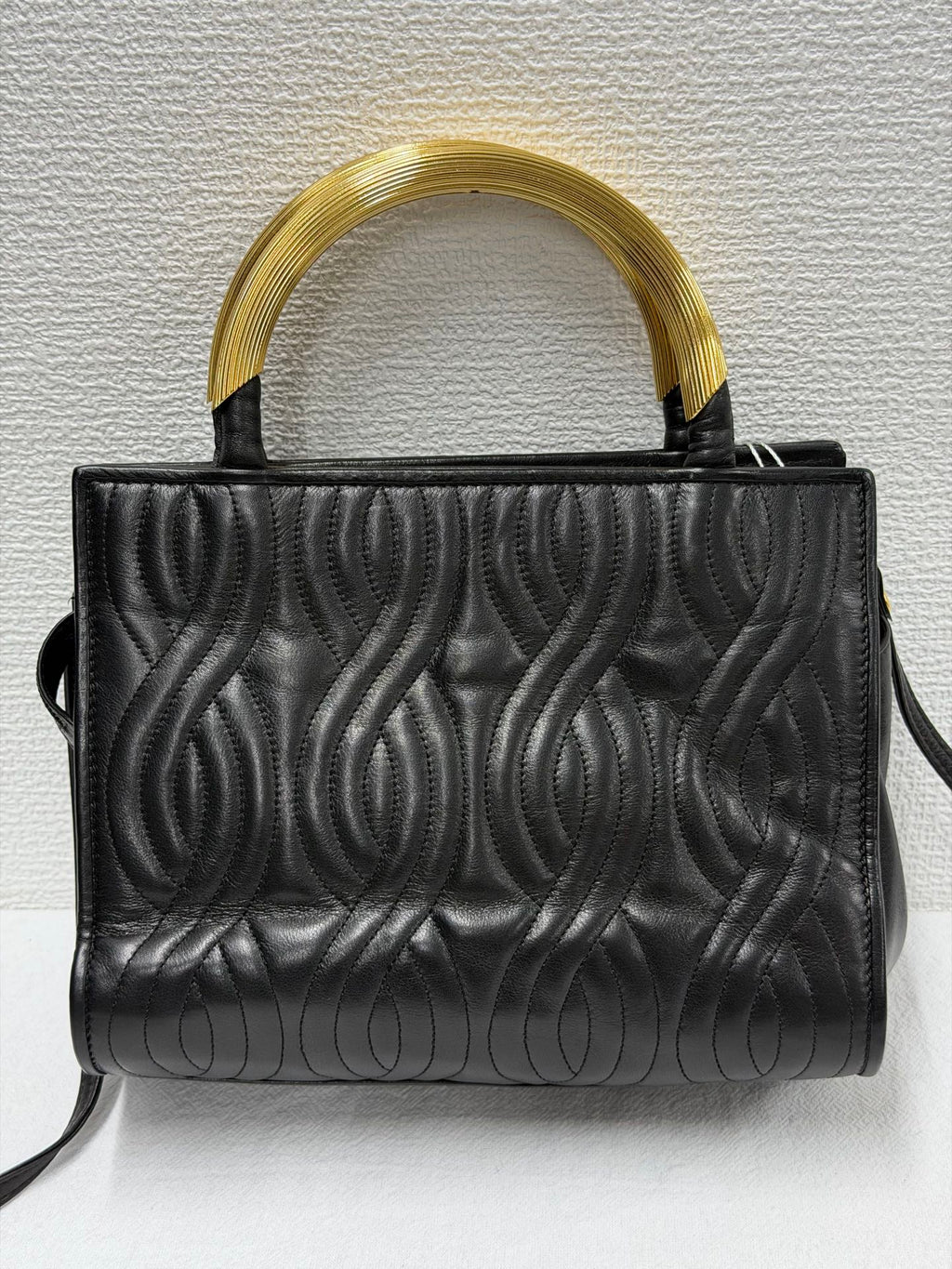 FENDI Vintage Pasta Quilted Leather 2way Handbag Gold Metal Handle Black