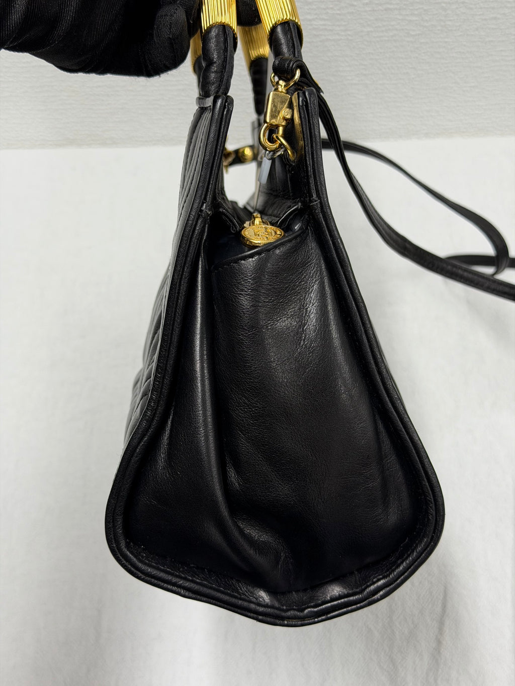 FENDI Vintage Pasta Quilted Leather 2way Handbag Gold Metal Handle Black