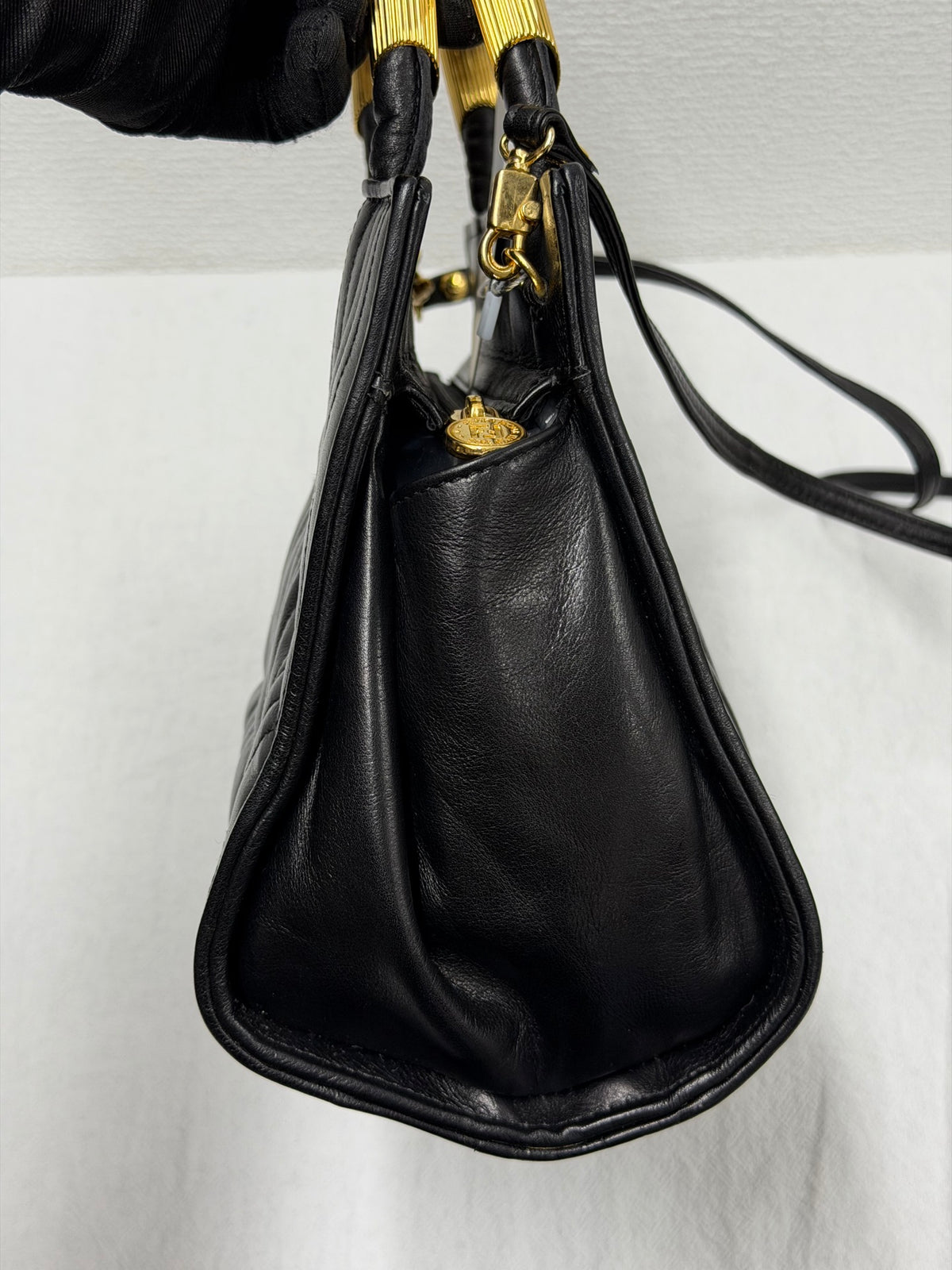FENDI Vintage Pasta Quilted Leather 2way Handbag Gold Metal Handle Black