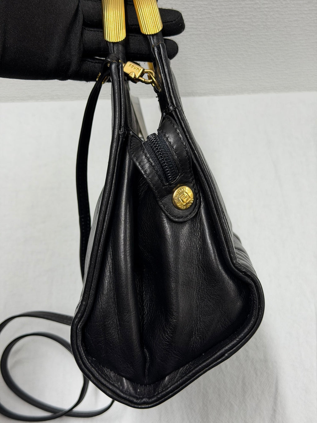 FENDI Vintage Pasta Quilted Leather 2way Handbag Gold Metal Handle Black