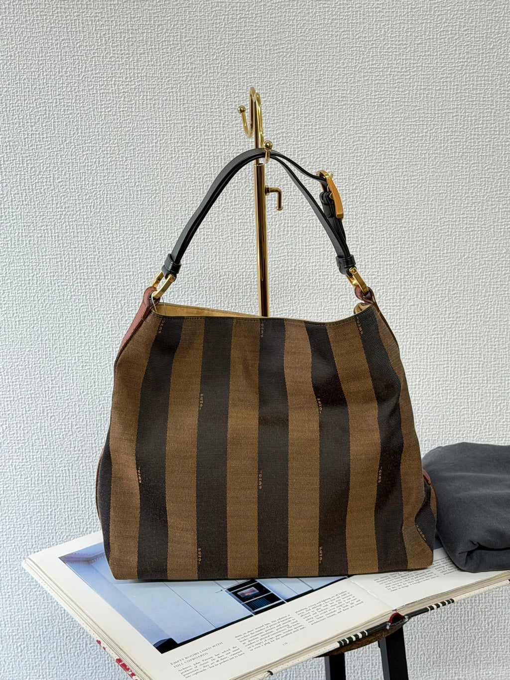 FENDI Vintage Pequin Stripe Canvas Hobo Shoulder Bag