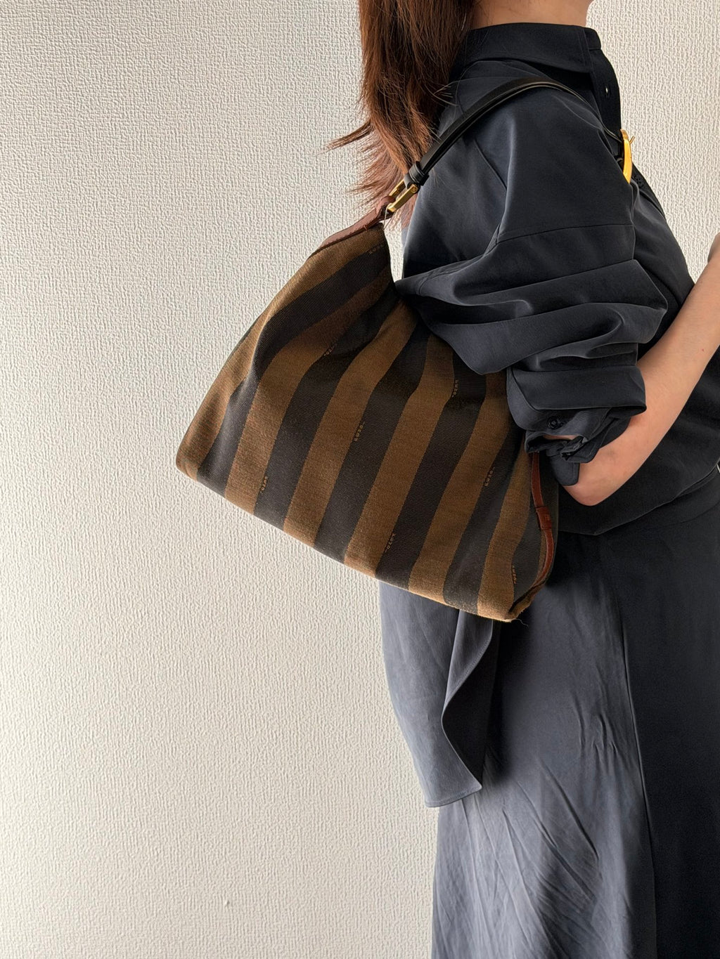 FENDI Vintage Pequin Stripe Canvas Hobo Shoulder Bag