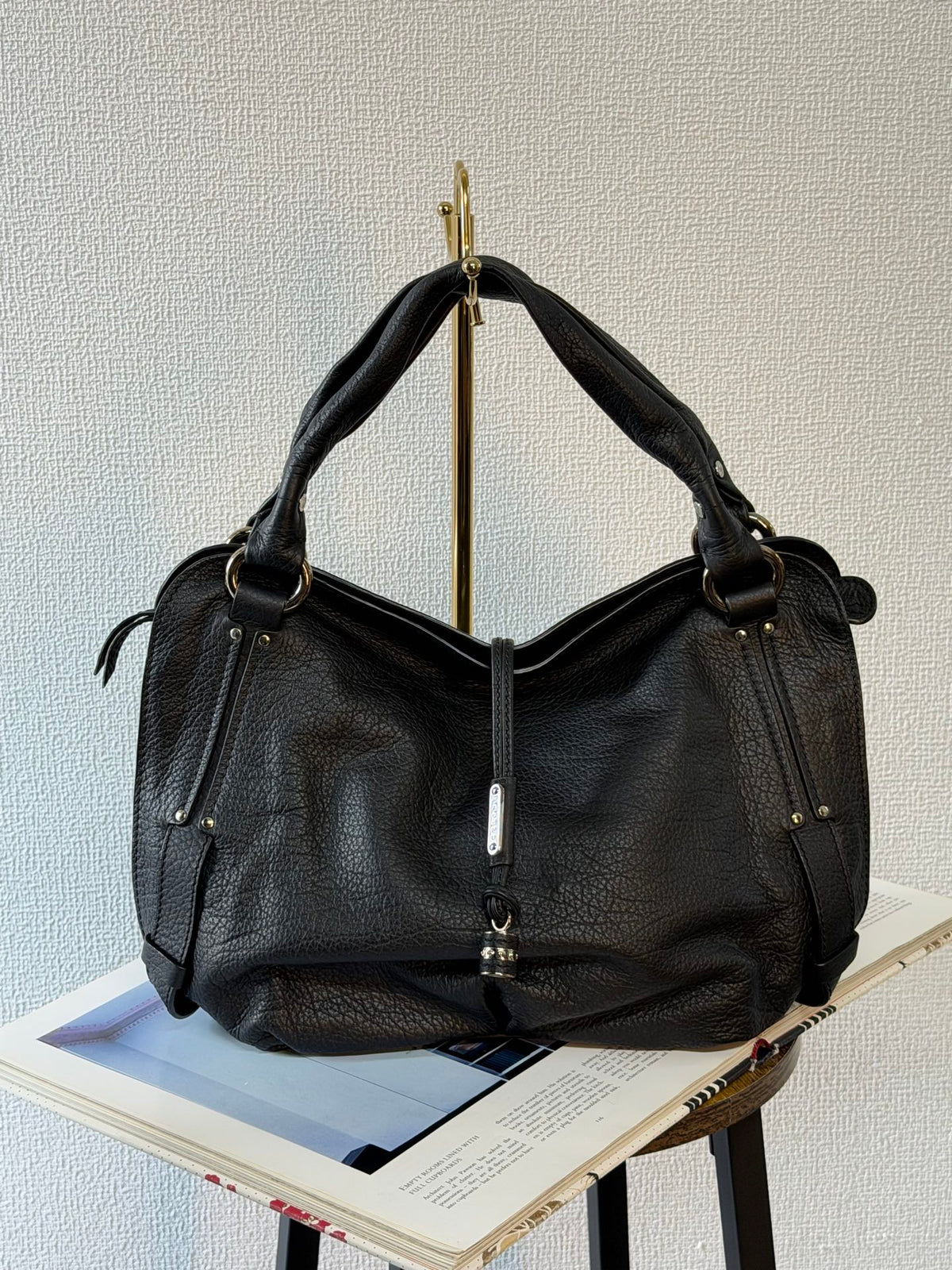 CELINE Grained Leather Bittersweet Hobo Shoulder Bag Black
