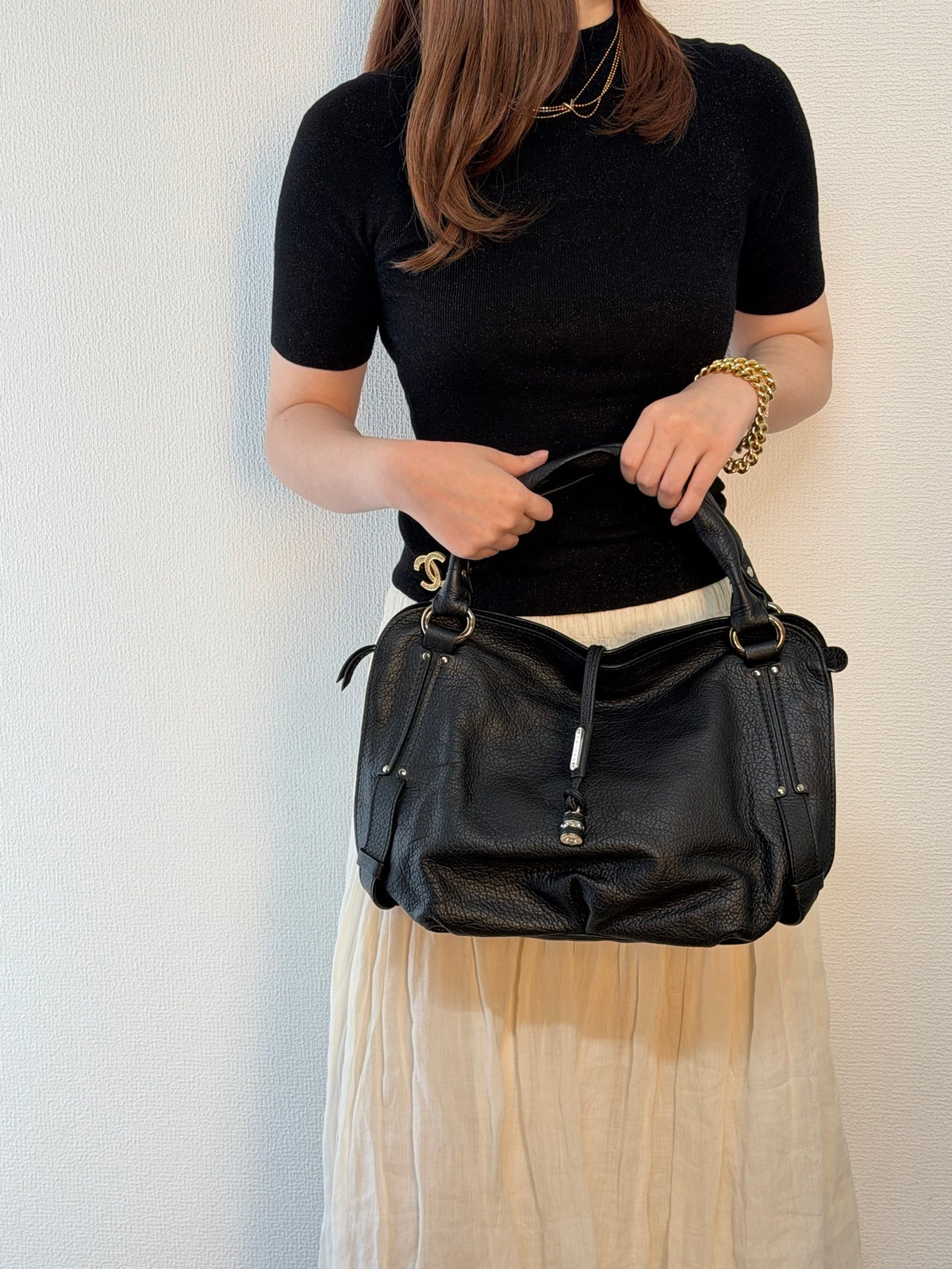 CELINE Grained Leather Bittersweet Hobo Shoulder Bag Black