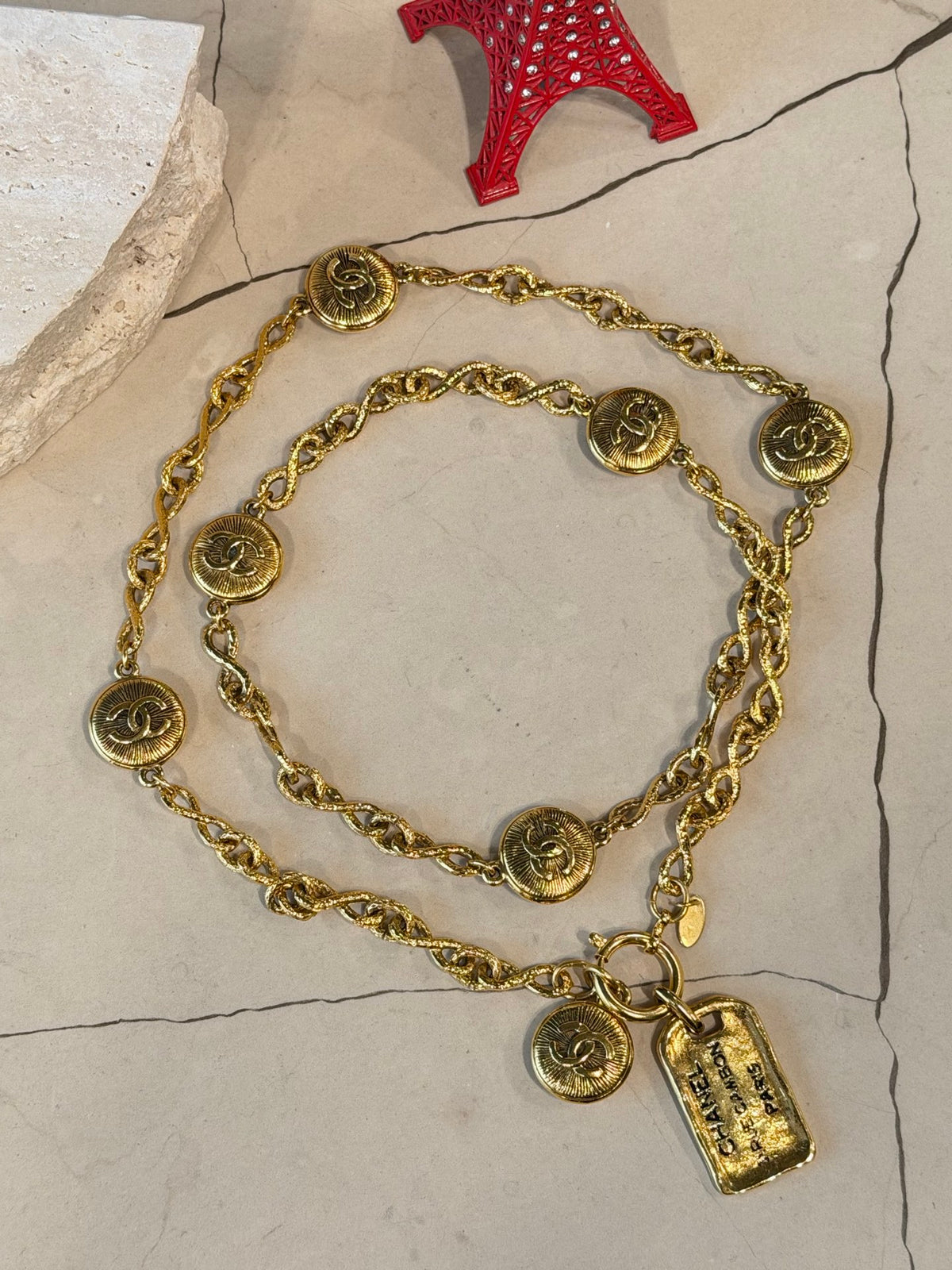CHANEL Vintage CC Medallion Long Chain Necklace Belt Gold