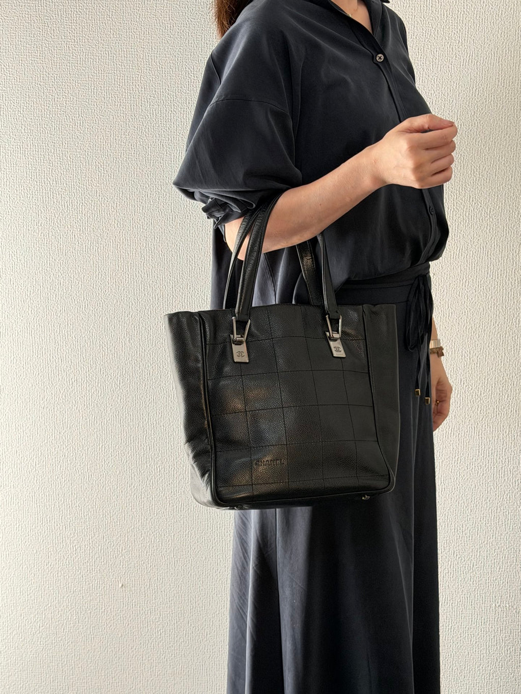 CHANEL Chocolate Bar Square Stitch Caviar Leather Tote Bag